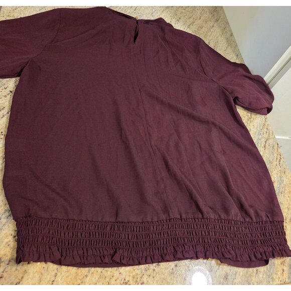 New! NY & Co Size L Burgundy Gold Side Button High Neck Blouse Old Money Smocked - Picture 11 of 15